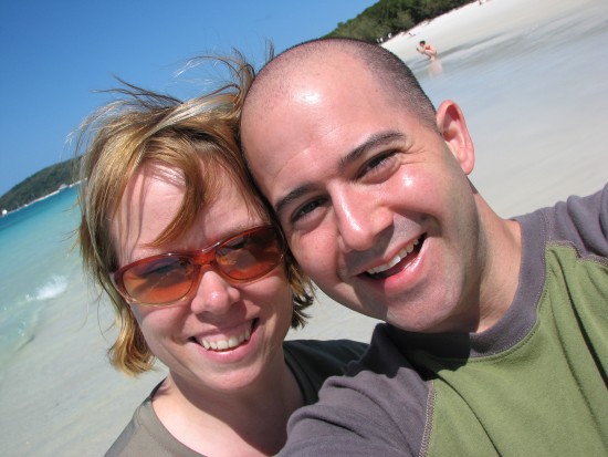 Jonathon Colman and Marja Huhta at Whitehaven Beach on Whitsunday Island in Australia. Photo © Jonathon Colman.